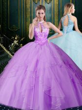 New Arrival Halter Top Sleeveless Beading and Lace and Ruffles Lace Up Quinceanera Dresses