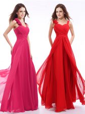 Great Straps Floor Length Hot Pink Prom Evening Gown Chiffon Sleeveless Hand Made Flower