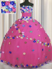  Sleeveless Lace Up Floor Length Hand Made Flower Sweet 16 Quinceanera Dress
