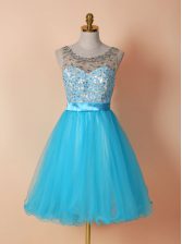 Eye-catching Blue Zipper Scoop Beading and Lace Prom Gown Tulle Sleeveless