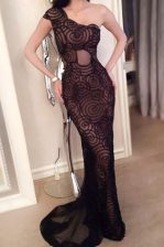High Quality Mermaid One Shoulder Black Side Zipper Dress for Prom Lace Sleeveless With Train Sweep Train