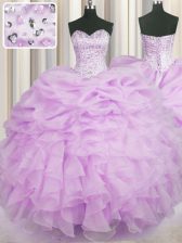 Attractive Lilac Sleeveless Floor Length Beading and Ruffles Lace Up Ball Gown Prom Dress