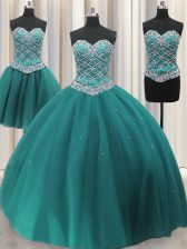 Super Three Piece Teal Ball Gowns Tulle Sweetheart Sleeveless Beading and Sequins Floor Length Lace Up Quinceanera Gown