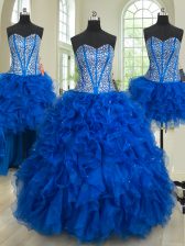  Four Piece Royal Blue Sleeveless Beading and Ruffles Floor Length Sweet 16 Quinceanera Dress