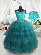  Turquoise Little Girl Pageant Dress Party and Wedding Party with Beading and Ruffled Layers Spaghetti Straps Sleeveless Lace Up