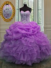 Attractive Lilac Lace Up Sweetheart Beading and Pick Ups Ball Gown Prom Dress Organza Sleeveless