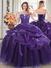 Luxury Purple Lace Up Quince Ball Gowns Appliques and Pick Ups Sleeveless Floor Length