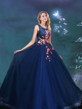  Scoop Floor Length Lace Up Sweet 16 Dress Navy Blue for Prom with Appliques