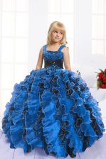  Royal Blue Sleeveless Floor Length Beading and Ruffles Lace Up Little Girls Pageant Gowns