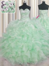  Organza Sweetheart Sleeveless Lace Up Beading and Ruffles 15 Quinceanera Dress in Apple Green