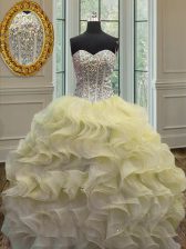 Low Price Light Yellow Ball Gowns Organza Sweetheart Sleeveless Beading and Ruffles Floor Length Lace Up Sweet 16 Dress