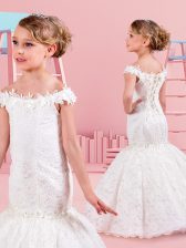 Sumptuous Mermaid Off The Shoulder Sleeveless Flower Girl Dress Floor Length Lace and Appliques White Lace