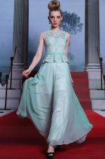 New Arrival Scoop Sleeveless Prom Gown Floor Length Lace and Belt Light Blue Chiffon