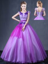  Ball Gowns Sweet 16 Dress Lavender V-neck Organza Short Sleeves Floor Length Lace Up