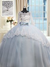 Charming Tulle Scalloped Half Sleeves Brush Train Lace Up Beading and Lace and Bowknot Quinceanera Gowns in Light Blue