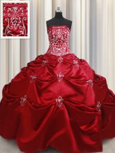 Smart Floor Length Lace Up Sweet 16 Dress Wine Red for Military Ball and Sweet 16 and Quinceanera with Beading and Appliques and Embroidery