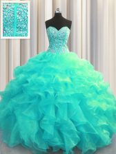 Unique Visible Boning Organza Sleeveless Floor Length Sweet 16 Dresses and Beading and Ruffles