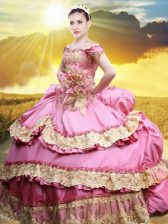 Customized Rose Pink Quinceanera Gowns Military Ball and Sweet 16 and Quinceanera with Lace and Appliques and Pick Ups Off The Shoulder Sleeveless Lace Up