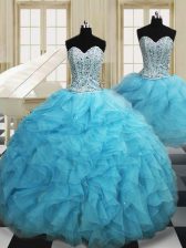Delicate Three Piece Floor Length Ball Gowns Sleeveless Baby Blue Sweet 16 Quinceanera Dress Lace Up