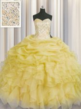  Light Yellow Lace Up Quinceanera Gown Beading and Ruffles Sleeveless Floor Length