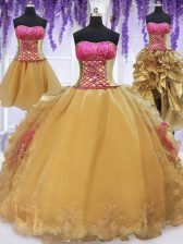 Four Piece Hot Pink and Gold Strapless Lace Up Beading and Lace and Ruffles 15 Quinceanera Dress Brush Train Sleeveless