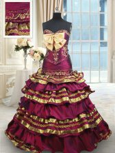  Sleeveless With Train Beading and Ruffled Layers and Bowknot Lace Up Quinceanera Dresses with Burgundy Brush Train