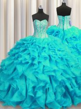  Visible Boning Sleeveless Brush Train Lace Up Beading and Ruffles Quinceanera Gown