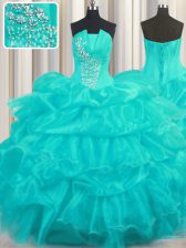 Extravagant Aqua Blue Strapless Lace Up Beading and Ruffled Layers and Pick Ups Ball Gown Prom Dress Sleeveless