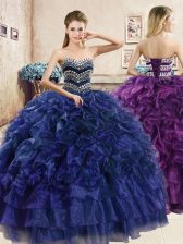  Floor Length Navy Blue Sweet 16 Dresses Organza Sleeveless Beading and Ruffles