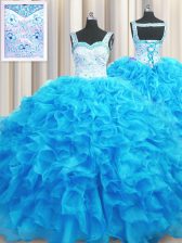  Aqua Blue Ball Gowns Beading and Ruffles Ball Gown Prom Dress Lace Up Organza Sleeveless Floor Length