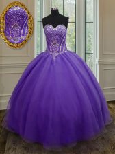  Sleeveless Organza Floor Length Lace Up Sweet 16 Dress in Eggplant Purple with Beading