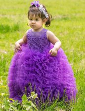 Elegant Lavender Toddler Flower Girl Dress Party and Wedding Party with Lace and Ruffles Scoop Sleeveless Lace Up