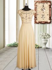  Scoop Beading Prom Party Dress Champagne Zipper Cap Sleeves Floor Length