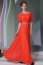 Chic Coral Red Column/Sheath Scoop Short Sleeves Chiffon Ankle Length Side Zipper Appliques Homecoming Dress