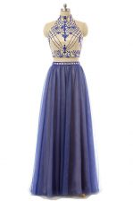  Navy Blue Tulle Zipper Halter Top Sleeveless Floor Length Dress for Prom Appliques
