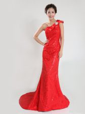  One Shoulder Sleeveless Prom Party Dress Sweep Train Sequins and Bowknot Coral Red Sequined