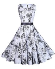Pretty Scoop Sleeveless Knee Length Sashes ribbons and Pattern Zipper Homecoming Dress with White And Black
