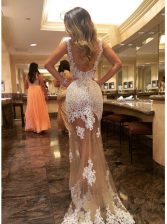  Scoop Champagne Mermaid Appliques Prom Gown Backless Tulle Sleeveless