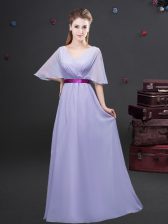  Floor Length Empire Half Sleeves Lavender Dama Dress for Quinceanera Zipper