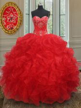 Lovely Red Ball Gowns Organza Sweetheart Sleeveless Beading and Ruffles Floor Length Lace Up Sweet 16 Dress
