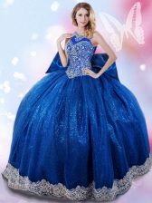Amazing Halter Top Royal Blue Taffeta Lace Up 15th Birthday Dress Sleeveless Floor Length Beading and Bowknot