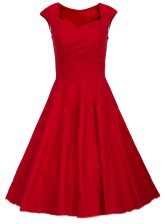 Adorable Red Zipper Square Ruching Prom Dress Satin Cap Sleeves