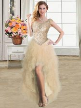 High End Champagne Scoop Neckline Ruffles Prom Evening Gown Sleeveless Lace Up