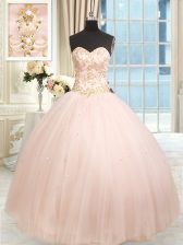Glamorous Baby Pink Sweet 16 Quinceanera Dress Military Ball and Sweet 16 and Quinceanera with Beading and Embroidery Sweetheart Sleeveless Lace Up