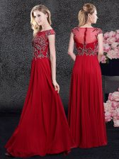  Floor Length Red Prom Dresses Scoop Cap Sleeves Zipper