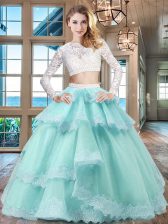 Custom Design Aqua Blue Two Pieces Scoop Long Sleeves Tulle and Lace Floor Length Zipper Beading and Lace and Ruffled Layers 15 Quinceanera Dress