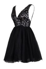 Eye-catching Black Backless V-neck Sequins Prom Evening Gown Tulle Sleeveless