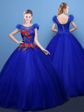 Fitting Scoop Short Sleeves 15 Quinceanera Dress Floor Length Appliques Royal Blue Tulle