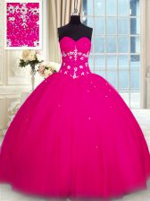  Sleeveless Tulle Floor Length Lace Up Sweet 16 Dress in Fuchsia with Beading