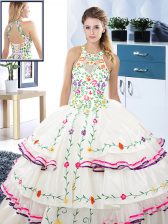  Halter Top Sleeveless Floor Length Embroidery and Ruffled Layers Lace Up 15 Quinceanera Dress with White